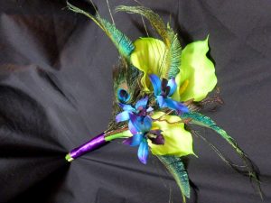 Calla lily and orchid bouquet with peacock feathers - Image 4