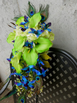 Purple blue orchid bouquet, hydrangeas, lime calla lilies, peacock feather bouquet , dendrobium orchids - Image 3
