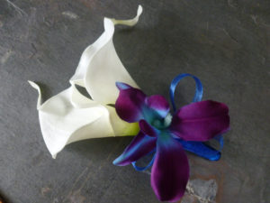 Calla lily, galaxy orchid boutonniere, corsage, real touch calla lilies