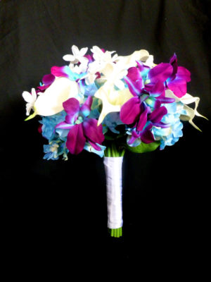 Purple blue galaxy orchid and calla lily bridal bouquet, Stephanotis, turquoise,  purple calla lily bouquet with hydrangeas - Image 5