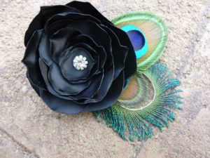 Peacock feather hair clip, black satin flower with rhinestone accent, Customizable - Image 2