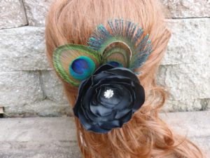 Peacock feather hair clip, black satin flower with rhinestone accent, Customizable