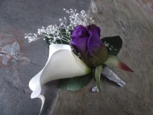 Calla lily rose artificial flower boutonniere with baby's breath, button hole, corsage, customizable