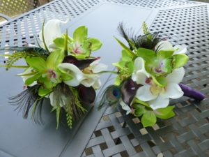 Cybidium orchid and calla lily bouquet with peacock feathes, white and green orchid, plum bridal bouquet, bridesmaids bouquet - Image 2