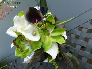 Cybidium orchid and calla lily bouquet with peacock feathes, white and green orchid, plum bridal bouquet, bridesmaids bouquet - Image 3
