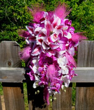 Orchid and lily cascading bouquet, tiger lily fuchsia pink orchid cascade bouquet, teardrop bouquet, orchid bridal bouquet - Image 4
