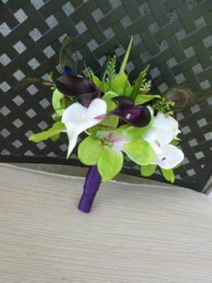 Cybidium orchid and calla lily bouquet with peacock feathes, white and green orchid, plum bridal bouquet, bridesmaids bouquet