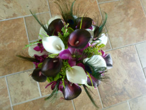 Cymbidium orchid and real touch calla lily bouquet, peacock feathers - Image 2