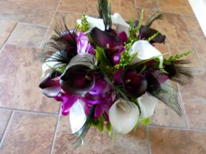 Cymbidium orchid and real touch calla lily bouquet, peacock feathers - Image 4