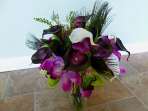 Cymbidium orchid and real touch calla lily bouquet, peacock feathers - Image 3