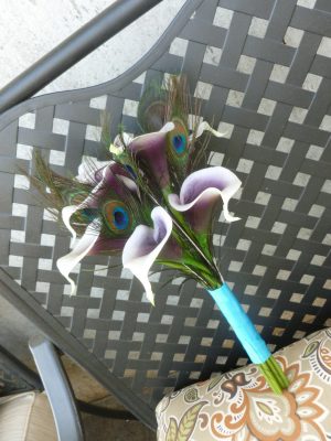 Picasso calla and peacock feather bouquet, small bouquet, bridesmaids bouquet, small bridal bouquet
