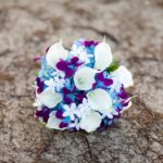 Purple blue galaxy orchid and calla lily bridal bouquet, Stephanotis, turquoise,  purple calla lily bouquet with hydrangeas