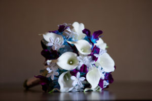 Purple blue galaxy orchid and calla lily bridal bouquet, Stephanotis, turquoise,  purple calla lily bouquet with hydrangeas - Image 2