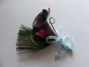 Purple calla lily peacock corsages, Customizable, real touch calla boutonniere
