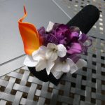 Wrist corsage, plum and orange wrist corsage, Baltimore themed wrist corsage, purple and orange corsage, calla lily delphinium corsage
