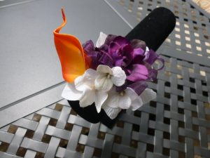 Wrist corsage, plum and orange wrist corsage, Baltimore themed wrist corsage, purple and orange corsage, calla lily delphinium corsage