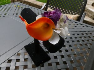 Wrist corsage, plum and orange wrist corsage, Baltimore themed wrist corsage, purple and orange corsage, calla lily delphinium corsage - Image 2