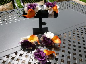 Wrist corsage, plum and orange wrist corsage, Baltimore themed wrist corsage, purple and orange corsage, calla lily delphinium corsage - Image 4