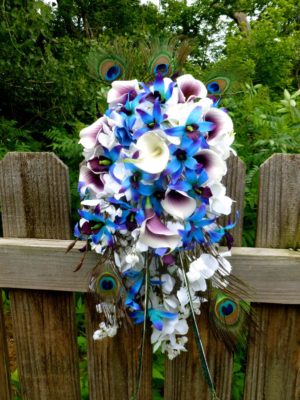 Cascading Purple blue dendrobium orchid bouquet peacock feathers - Image 5