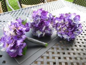 Purple, lavender hydrangea bouquet with baby's breath, 8" bouquet, artificial hydrangea bouquet