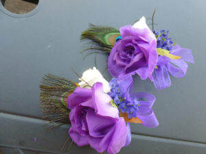 Purple and white rose corsage, artificial rose corsage with peacock feather accsent - Image 4