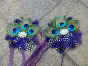 Peacock wrist corsage, peacock feather corsage with ribbon ties, Customizable - Image 2
