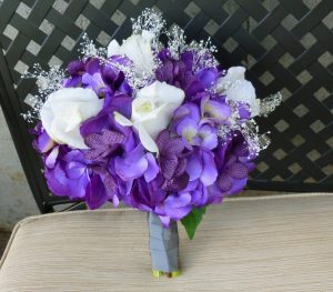 Purple, plum, hydrangea rose bouquet with baby's breath, purple artificial bridal bouquet, natural preserved baby's breath - Image 2