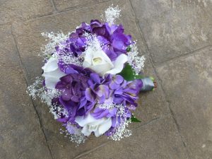 Purple, plum, hydrangea rose bouquet with baby's breath, purple artificial bridal bouquet, natural preserved baby's breath