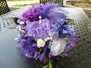 Purple bridal bouquet peacock and ostrich feather accent, SALE, matching grooms boutonniere FREE,