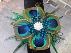 Peacock wrist corsage, pearl wrist corsage, wristlet, bracelet, peacock wristlet, Customizable