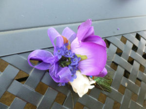 Purple and white rose corsage, artificial rose corsage with peacock feather accsent - Image 2