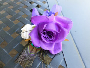 Purple and white rose corsage, artificial rose corsage with peacock feather accsent - Image 3