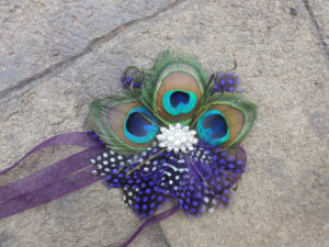Peacock wrist corsage, peacock feather corsage with ribbon ties, Customizable