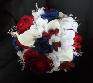Red, blue, white bridal bouqeut, american flag bouquet, red, blue rose, hydrangea, baby's breath