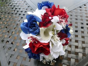 Red, blue, white bridal bouqeut, american flag bouquet, red, blue rose, hydrangea, baby's breath - Image 2