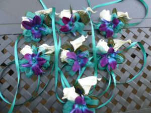 Wrist corsage Galaxy orchid, rose, calla lily, peacock feathers - Image 3