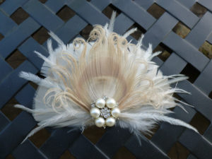 Bridal Ivory, champagne feather hair piece, champagne peacock feather, pearl rhinestone
