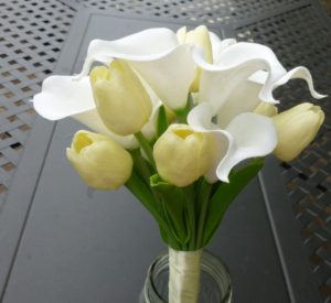 Yellow tulip and calla lily bouquet, customizable, real touch artificial flowers