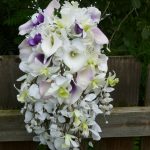 Cascading bouquet, apple green orchids and purple accent