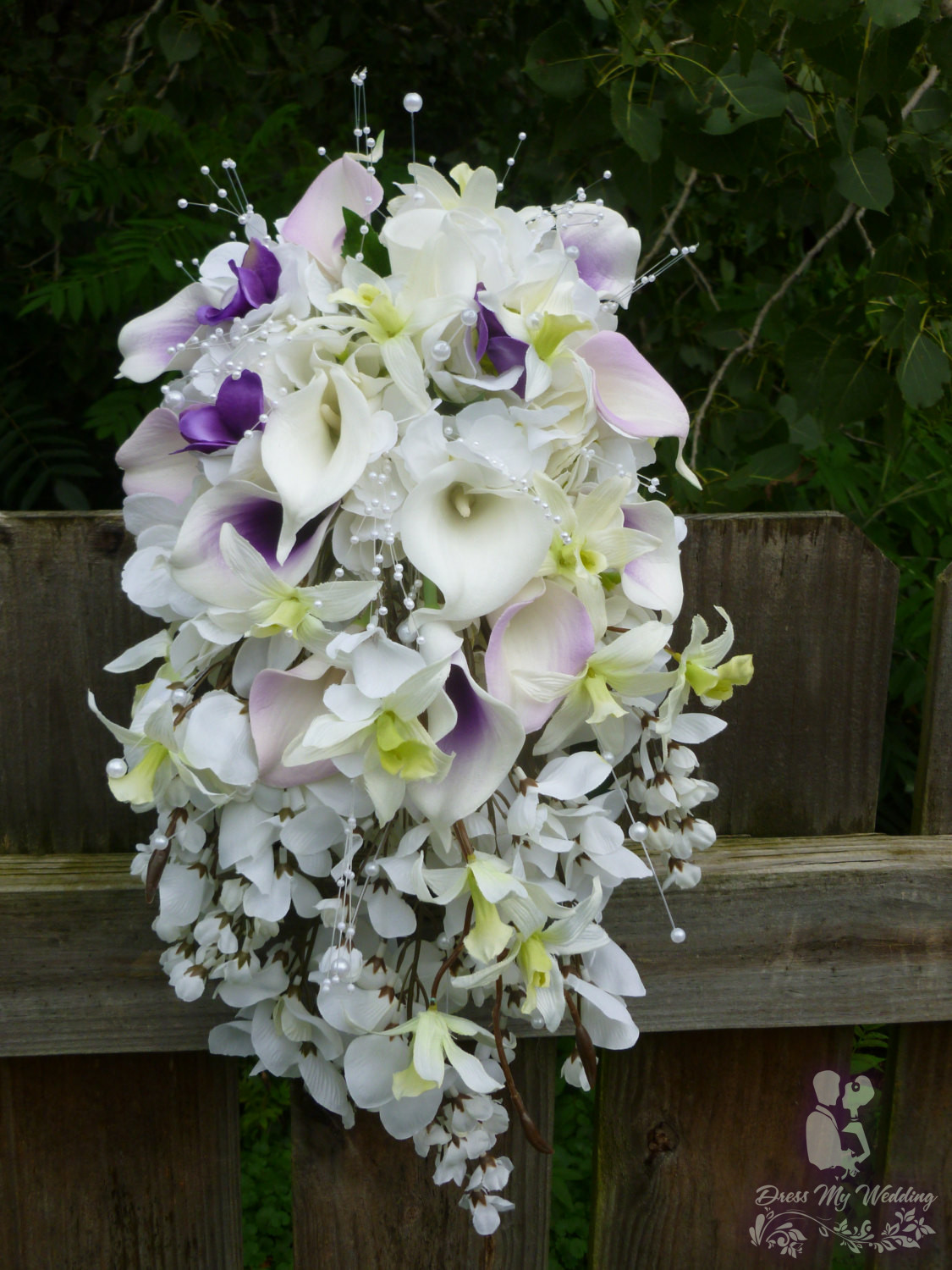 Dress My Wedding Cascading Bouquet Apple Green Orchids And Purple Accent