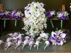 Cascading bouquet, apple green orchids and purple accent - Image 3