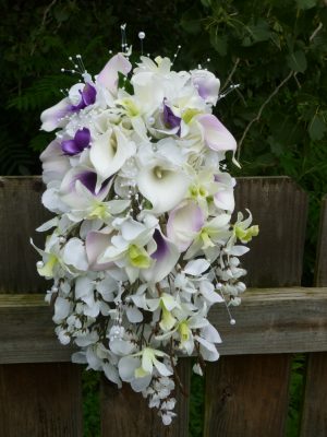Cascading bouquet, apple green orchids and purple accent - Image 2