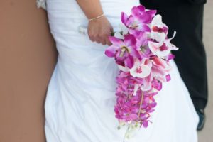 Orchid and lily cascading bouquet, tiger lily fuchsia pink orchid cascade bouquet, teardrop bouquet, orchid bridal bouquet - Image 3