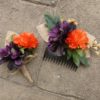 Purple, tangerine, orange corsage, boutonniere, button hole, eggplant purple, rustic country style, daisy, garden mum, burlap, jute - Image 5
