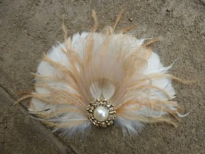 Champagne peacock feather hair piece, champagne ivory feather, topaz crystal pearl center piece, rhinestones - Image 2