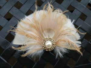 Champagne peacock feather hair piece, champagne ivory feather, topaz crystal pearl center piece, rhinestones - Image 3