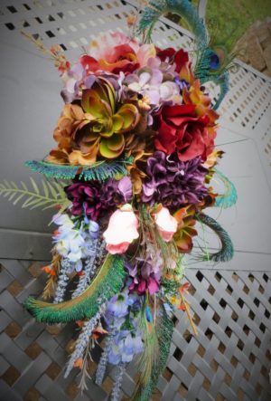 Vintage, antique looking cascading bouquet with peacock feathersautumn, rustic, cascade bridal bouquet, peacock feathers - Image 4