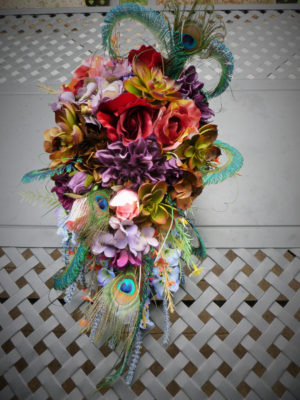 Vintage, antique looking cascading bouquet with peacock feathersautumn, rustic, cascade bridal bouquet, peacock feathers - Image 2