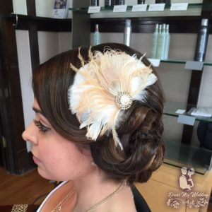 Champagne peacock feather hair piece, champagne ivory feather, topaz crystal pearl center piece, rhinestones - Image 4