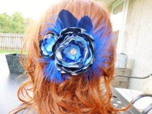 Navy, blue, silver satin flower hair accessory, feather acssent, fabric flower clip, fascinator - Image 2
